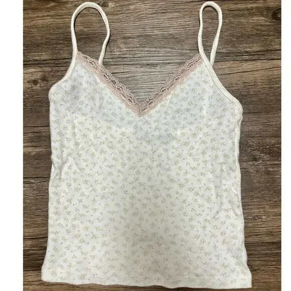 Brandy Melville Cream Floral Pink Lace Trim Cami Tank Y2K Coquette Cottagecore - Picture 3 of 8